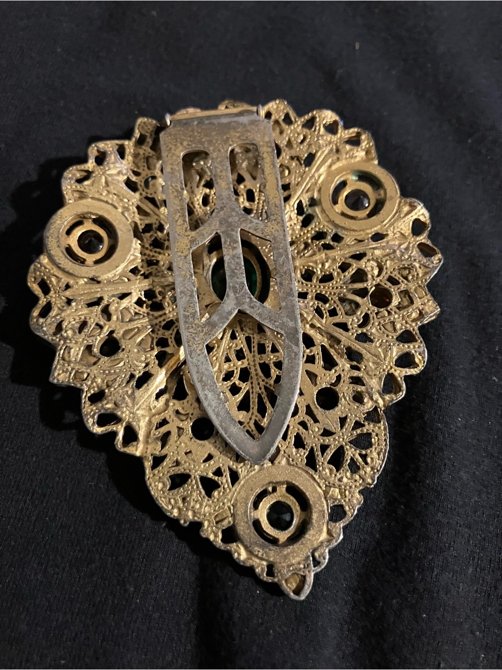Gold-Tone Multicolor Filigree Statement Brooch / Dress Clip - Picture 3 of 10